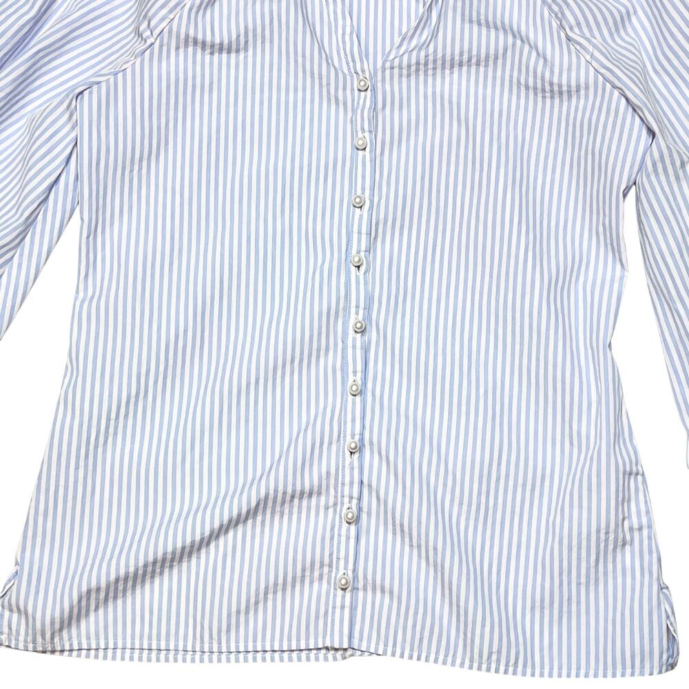 Anne Fontaine Aix Shirt Pearl Neck Size 38 Blue White Pinstripe Button Down - Picture 6 of 12